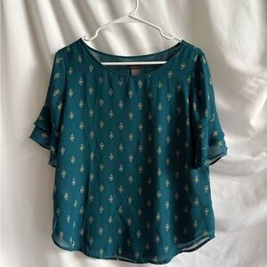 Ann Taylor Teal Printed Short Sleeve Blouse